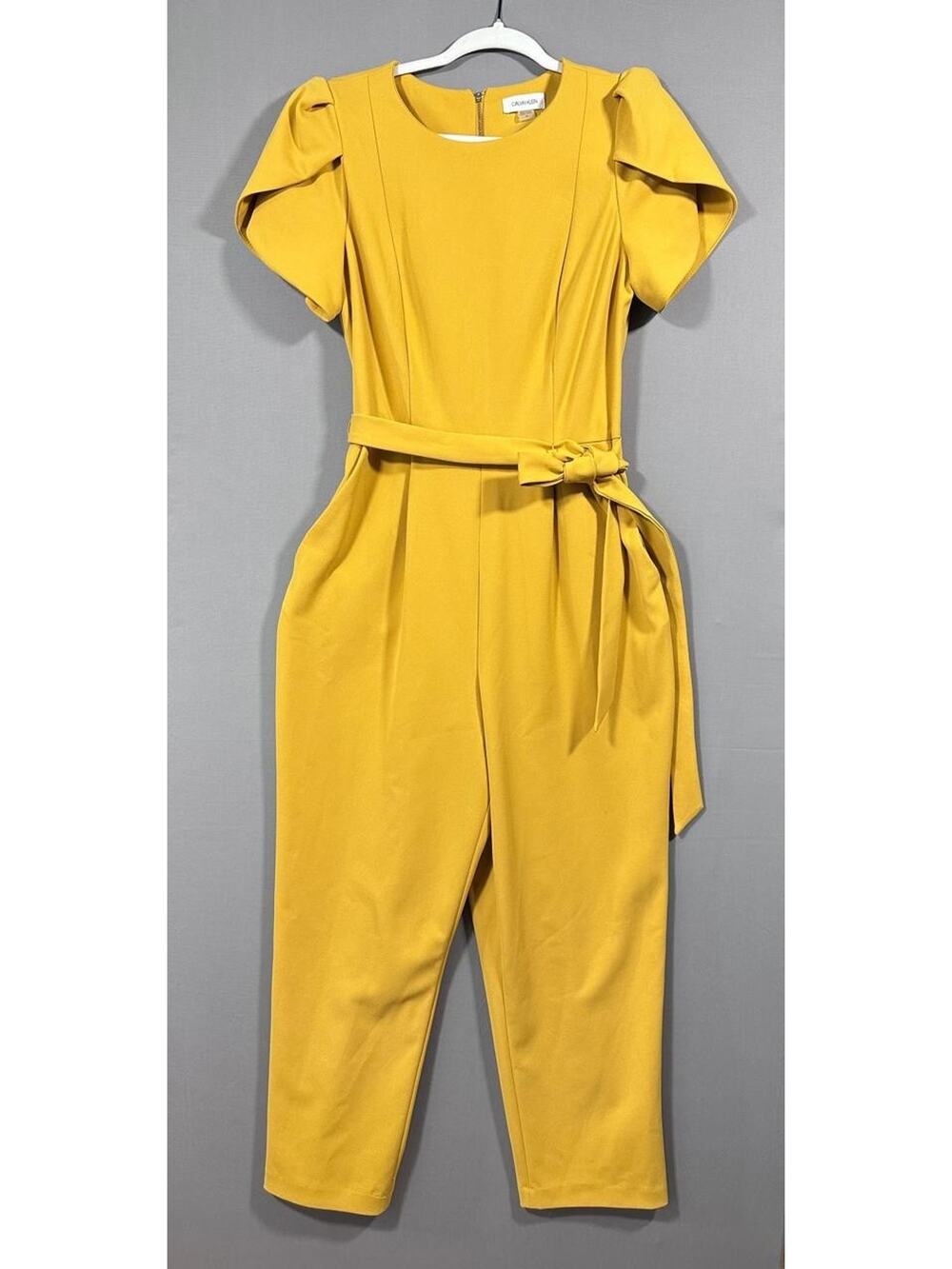 CALVIN KLEIN CROPPED JUMPSUIT, SPLIT FLUTTER SLEEVE SIZE 10 MUSTARD YELLOW